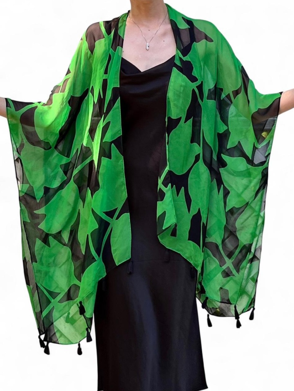 Vintage Sheer Kimono Wrap | Green Black Floral Print | Like New One Size